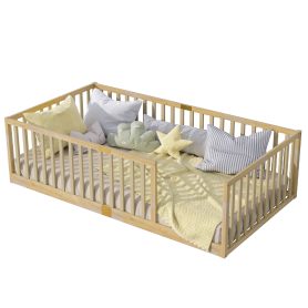 Twin Size Floor Bed with High Fence Railings, without Door