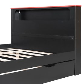 Full Size Wood Daybed with Twin Size Trundle, Desk, LED light and USB