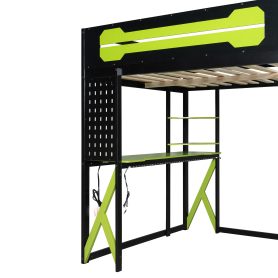Full Size Wood Loft Bed with Desk, Shelves, Power Outlet & USB/Type-C Ports and RGB Light
