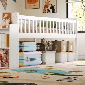 Wooden Twin Bed Frame With Storage Shelf, Guardrail, Slide And Ladder