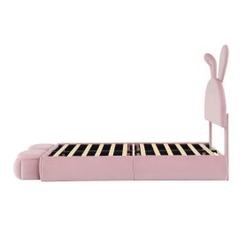 Twin Size Upholstered Platform Bed With Cartoon Ears Shaped Headboard And Light