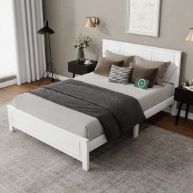 Queen Size Bed with Tall-Panel Headboard & Footboard, Built-in LED Lights, USB Charging Station