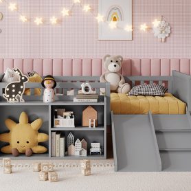 Twin Size Low Loft Bed with Slide, Movable Bookshelf Storage, Guardrails 36 Twin Size Low Loft Bed with Slide, Movable Bookshelf Storage, Guardrails