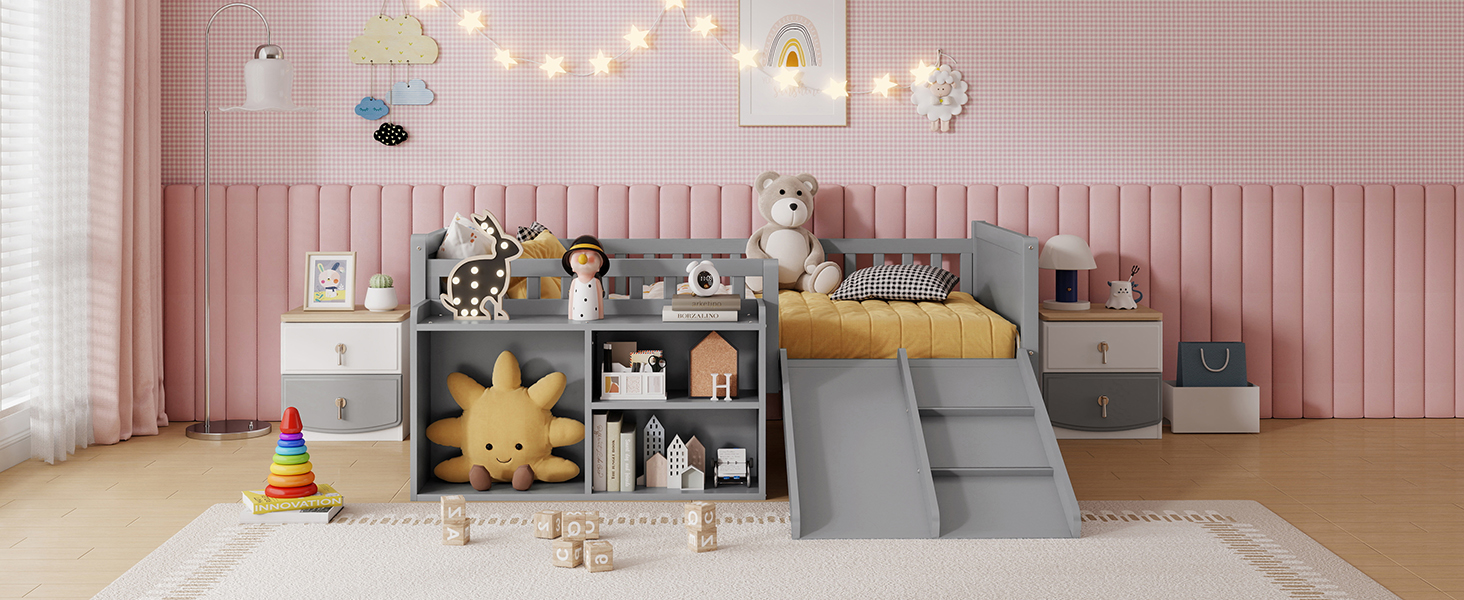 Twin Size Low Loft Bed with Slide, Movable Bookshelf Storage, Guardrails 19 Twin Size Low Loft Bed with Slide, Movable Bookshelf Storage, Guardrails