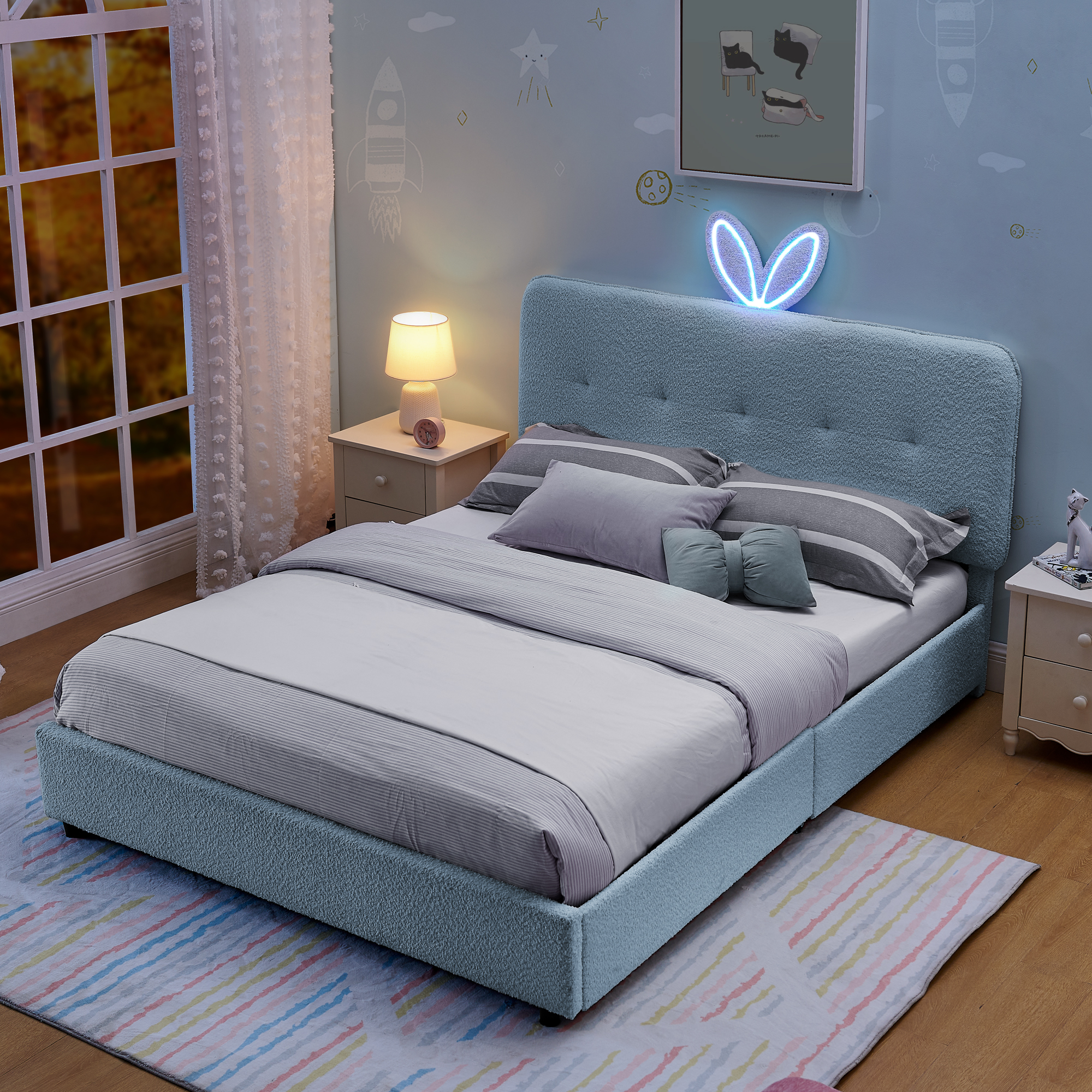 Full Size Kids Upholstered Bed With Oversized Rabbit Ear Headboard, Music Sync, LED Light & 4 Storage Drawers 4 Full Size Kids Upholstered Bed With Oversized Rabbit Ear Headboard, Music Sync, LED Light & 4 Storage Drawers