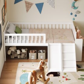 Wooden Twin Bed Frame With Storage Shelf, Guardrail, Slide And Ladder