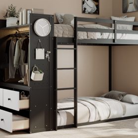 Twin Size Bunk Bed with 4 Storage Drawers, Hanging Rail, Light Strip and Built-in Shelves & Dual Pegboards