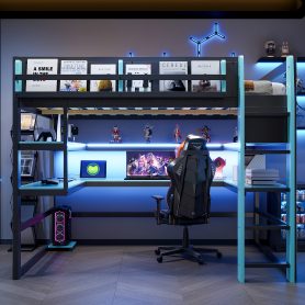 Full Size Wood Loft Bed With Desk, Side Storage Rack, Multi-storage Shelves And RGB Light