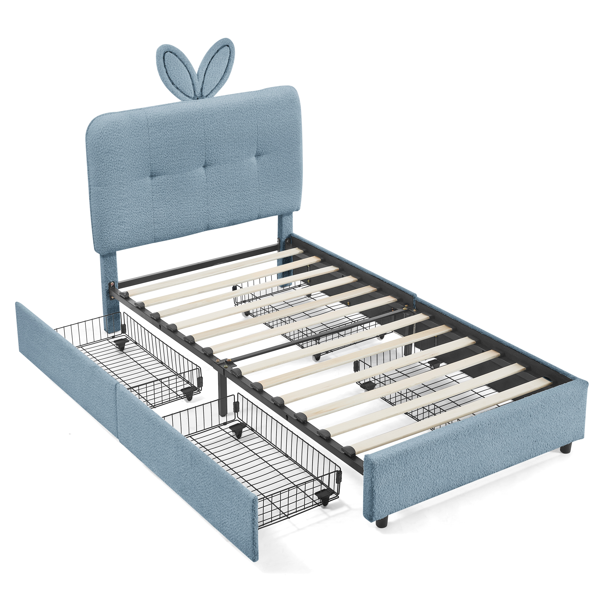 Twin Size Kids Upholstered Bed With Oversized Rabbit Ear Headboard, Music Sync, LED Light & 4 Storage Drawers 20 Twin Size Kids Upholstered Bed With Oversized Rabbit Ear Headboard, Music Sync, LED Light & 4 Storage Drawers