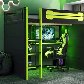 Full Size Wooden Gaming Loft Bed with Storage Shelves, Desk, USB & Power Outlet, and LED Light