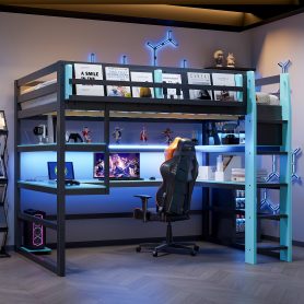 Home 39 Full Size Wood Loft Bed With Desk, Side Storage Rack, Multi-storage Shelves And RGB Light