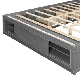 Queen Size Platform Bed Frame with 4 Storage Drawers and Footboard Storage Cubby