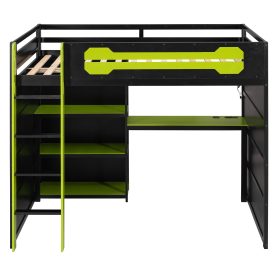 Full Size Wooden Gaming Loft Bed with Storage Shelves, Desk, USB & Power Outlet, and LED Light