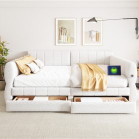 Queen Size Upholstered Platform Bed with USB and 2 Drawers