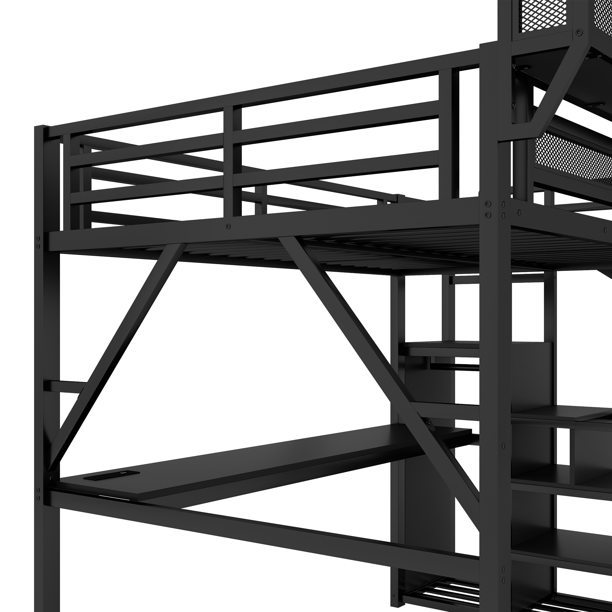 Metal Queen Size Loft Bed With Desk, Charging Station, Stairs And Light 12 Metal Queen Size Loft Bed With Desk, Charging Station, Stairs And Light