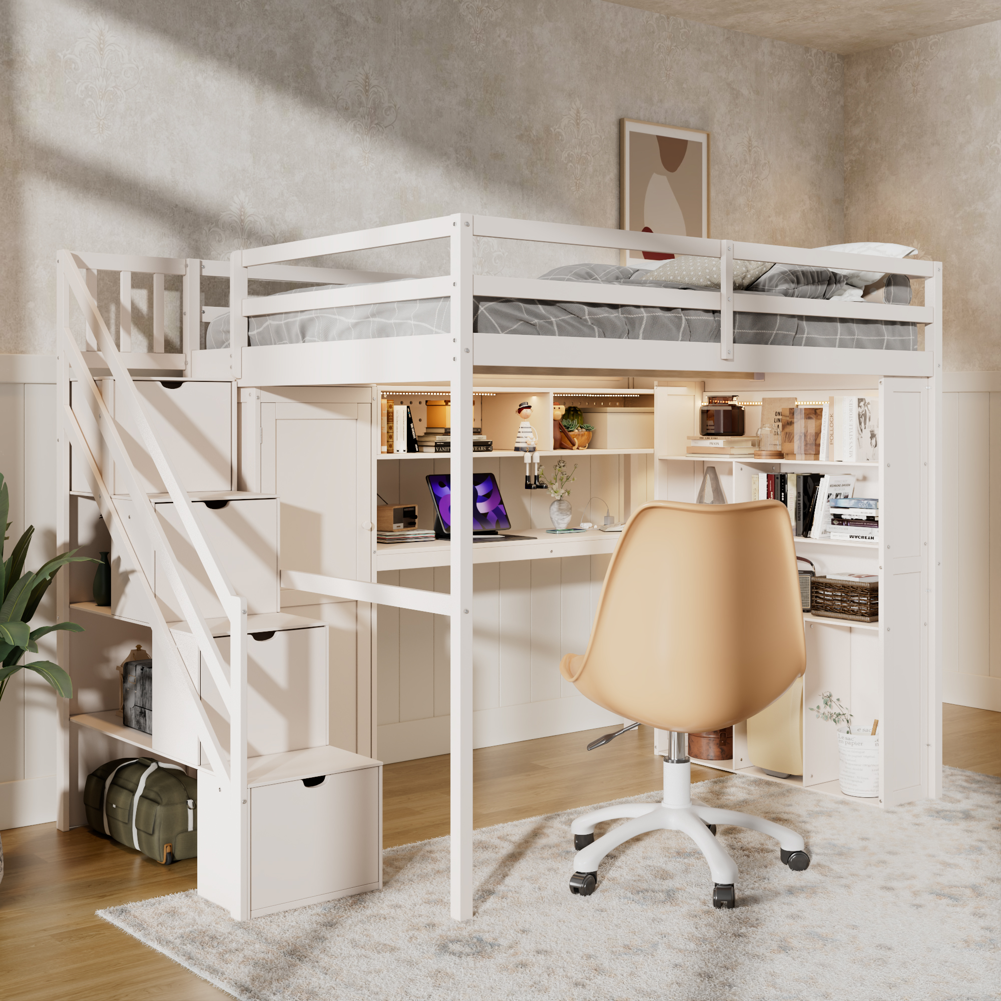 Full Loft Bed Frame with Built-In Wardrobe, Study Desk, Storage Shelves & Lights 5 Full Loft Bed Frame with Built-In Wardrobe, Study Desk, Storage Shelves & Lights