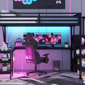Metal Queen Size Loft Bed with L Shaped Desk and USB for Kids Teens Adults