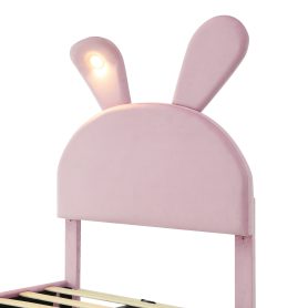 Twin Size Upholstered Platform Bed With Cartoon Ears Shaped Headboard And Light