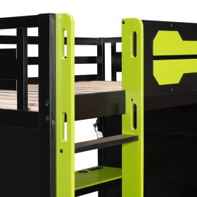 Full Size Wooden Gaming Loft Bed with Storage Shelves, Desk, USB & Power Outlet, and LED Light