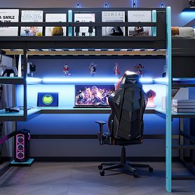 Full Size Wood Loft Bed With Desk, Side Storage Rack, Multi-storage Shelves And RGB Light