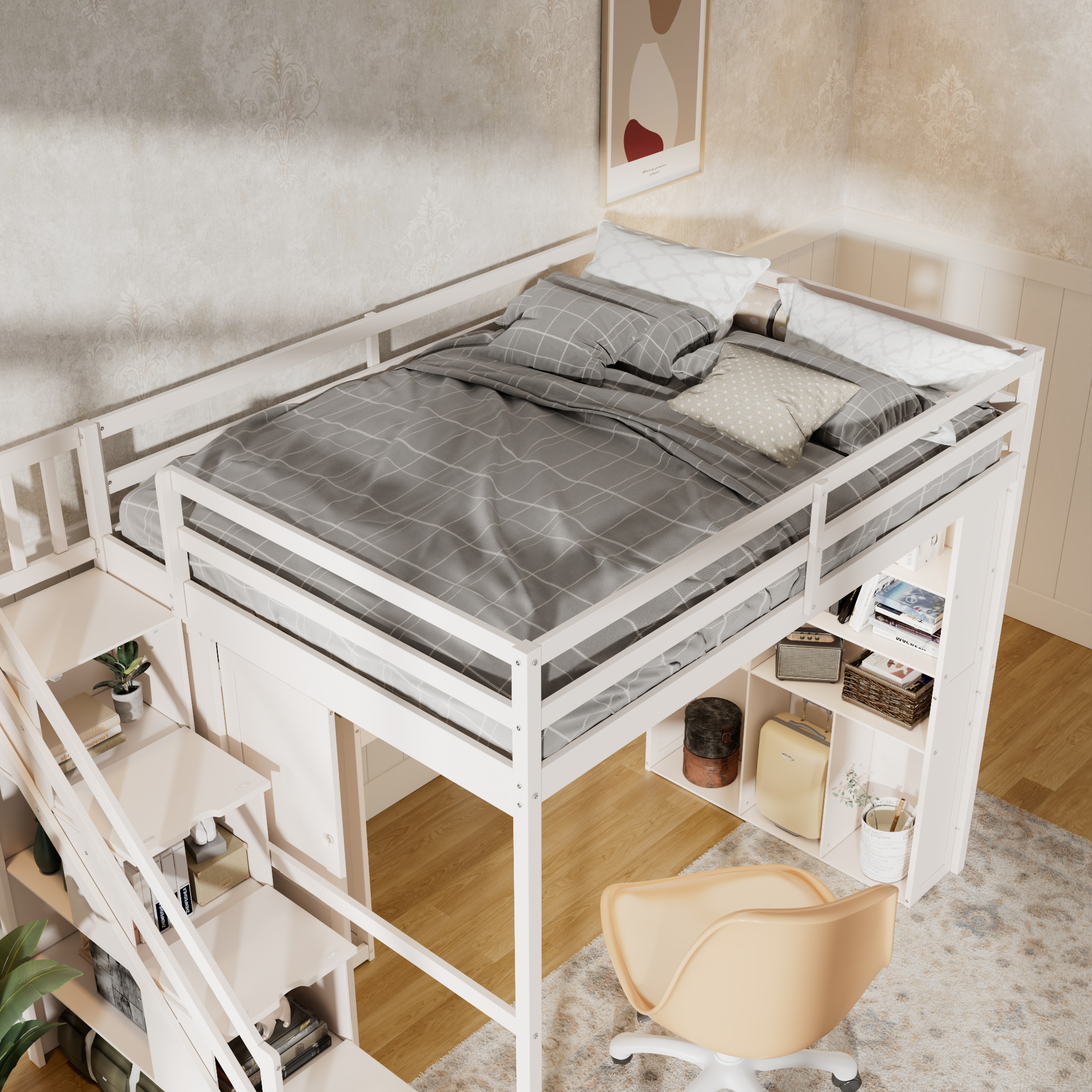 Full Loft Bed Frame with Built-In Wardrobe, Study Desk, Storage Shelves & Lights 8 Full Loft Bed Frame with Built-In Wardrobe, Study Desk, Storage Shelves & Lights