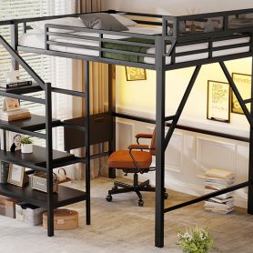 Metal Full Size Loft Bed With Foldable Desk,Light Strip, Staircase Storage And Charging Station