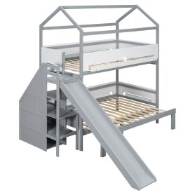 House-Shaped Wooden Bunk Bed with Slide & Storage Staircase