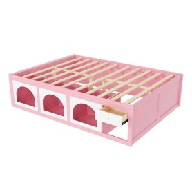 Queen Size Wooden Platform Bed with Bookshelf, Display Cabinet, LED Light and Drawer