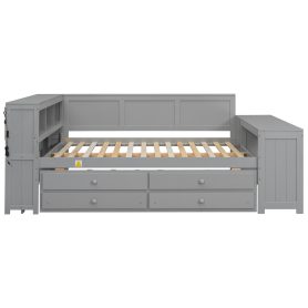 Full Size Daybed With Storage Shelves, Drawers, Trundle, Charging Station, LED Light, Desk And Cabinet
