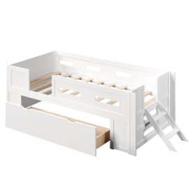 Wood Twin Size Platform Bed with Guardrail and Drawer