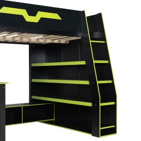 Full Size Wood Loft Bed with Desk, Multi-Storage Shelves and RGB Light
