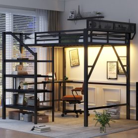 Metal Full Size Loft Bed With Foldable Desk,Light Strip, Staircase Storage And Charging Station