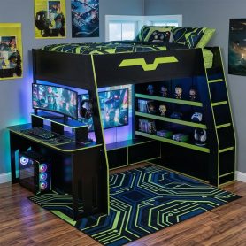 Full Size Wood Loft Bed with Desk, Multi-Storage Shelves and RGB Light
