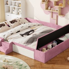 King Size Velvet Upholstered Daybed with Stairs & Gas Lift Storage Ottoman, Contrast Color, Padded Guardrails