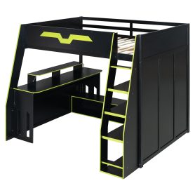 Full Size Wood Loft Bed with Desk, Multi-Storage Shelves and RGB Light