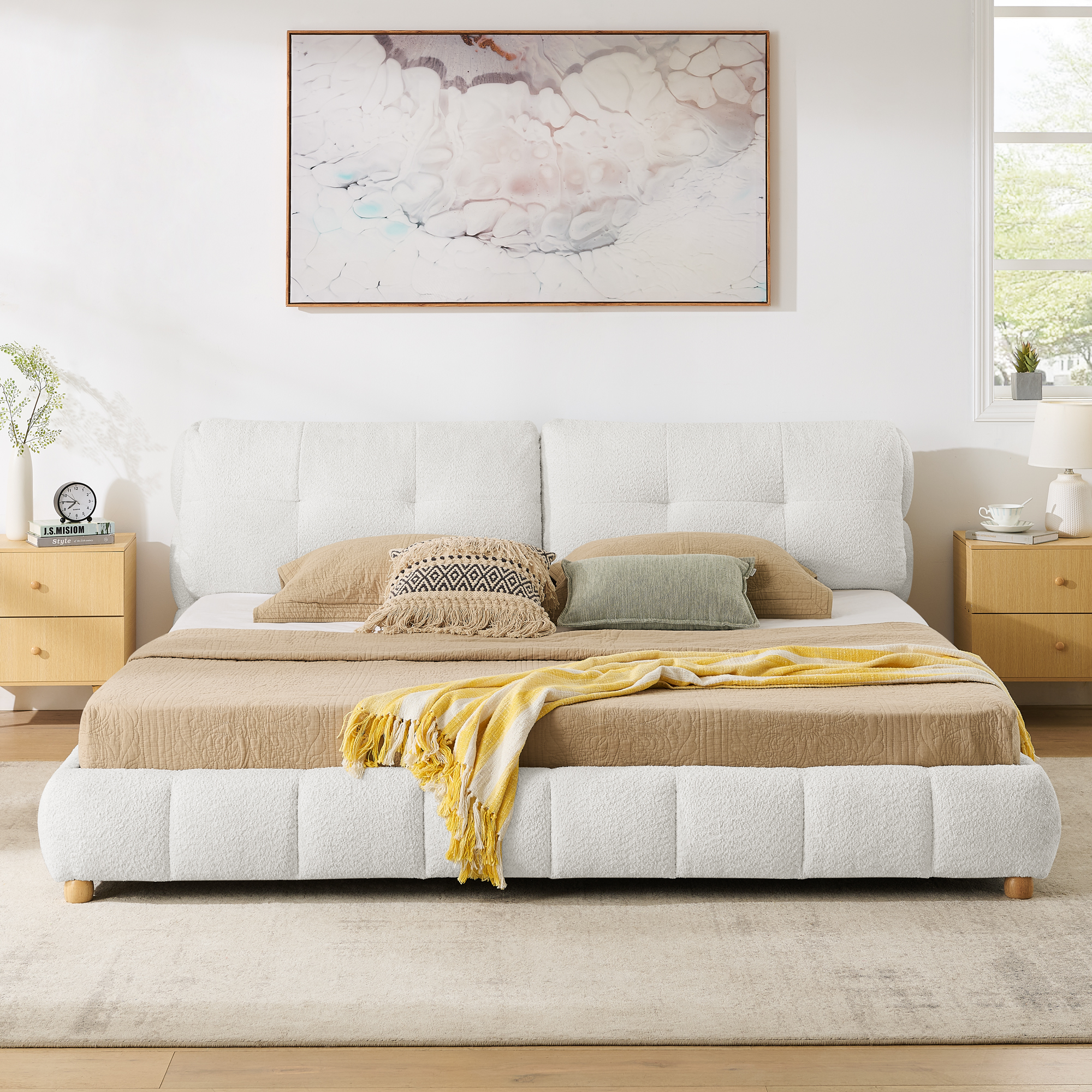 King Cream Style Bouclé Fabric Platform Bed 4 King Cream Style Bouclé Fabric Platform Bed