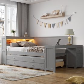 Full Size Daybed With Storage Shelves, Drawers, Trundle, Charging Station, LED Light, Desk And Cabinet