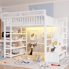 Metal Full Loft Bed with 4 Shelf Storage Rack and Charging Station