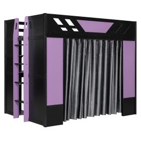 Full Size Wood Loft Bed with Shelves, Blackout Curtains and RGB Lights