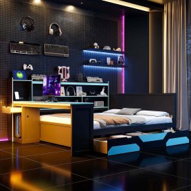 Queen Size Gaming Daybed with Integrated Desk and Lights