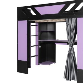 Full Size Wood Loft Bed with Shelves, Blackout Curtains and RGB Lights