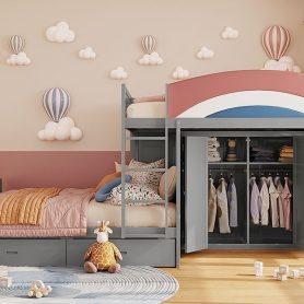 Full Size Offset Bunk Bed with Wardrobe & Drawers, Upholstered Guardrail, Built-in Hanging Rod