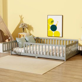 Rubber Wood Full Size Floor Bed With Fence, Door,  and Guardrails