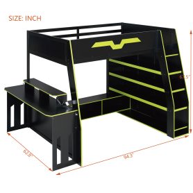 Full Size Wood Loft Bed with Desk, Multi-Storage Shelves and RGB Light