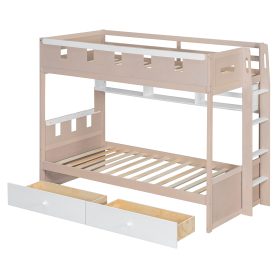 Twin Size Castle Style Bunk Bed with 2 Drawers, Shelf and LED Light