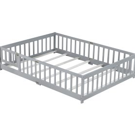 Rubber Wood Full Size Floor Bed With Fence, Door,  and Guardrails