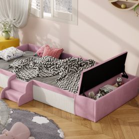 Twin Size Velvet Upholstered Daybed with Stairs & Gas Lift Storage Ottoman, Contrast Color, Padded Guardrails