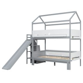 House-Shaped Wooden Bunk Bed with Slide & Storage Staircase