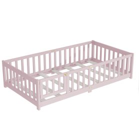 Twin Size Floor Bed with Fence, Door and Safety Guardrails