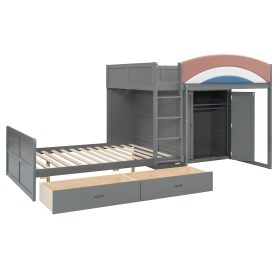 Full Size Offset Bunk Bed with Wardrobe & Drawers, Upholstered Guardrail, Built-in Hanging Rod